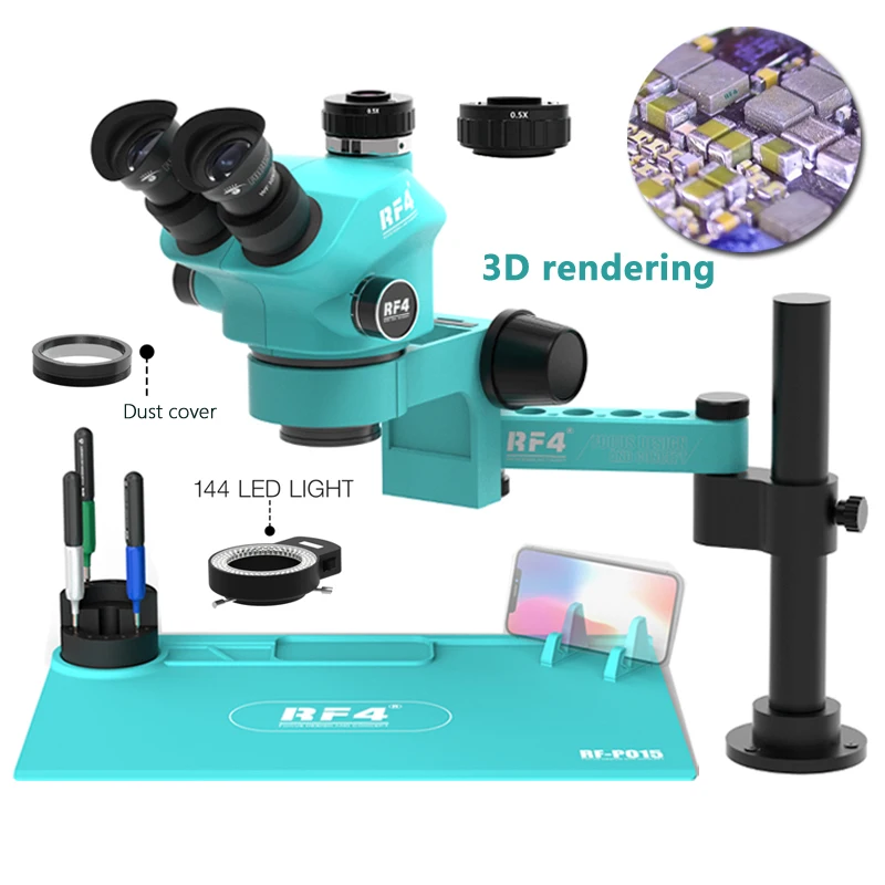 RF4 Simul Focal Trinocular Stereo Microscope 360 ° Rotation Articulating Arm Stands Phone Soldering PCB Repair RF7050TVPRO-F019