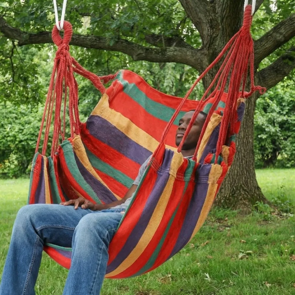 Durable Colorful Stripe Hammock Chair Anti-Rollove Portable Canvas Swing With Storage Bag Hanging Rope Swing Outdoor