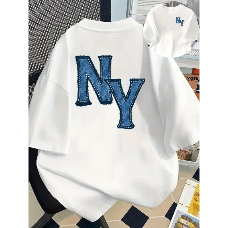 الأمامي والخلفي مطبوعة قصيرة الأكمام تي شيرت نيويورك الدنيم طباعة المرأة كل موسم موضة طباعة عادية المرأة طاقم الرقبة تي شيرت