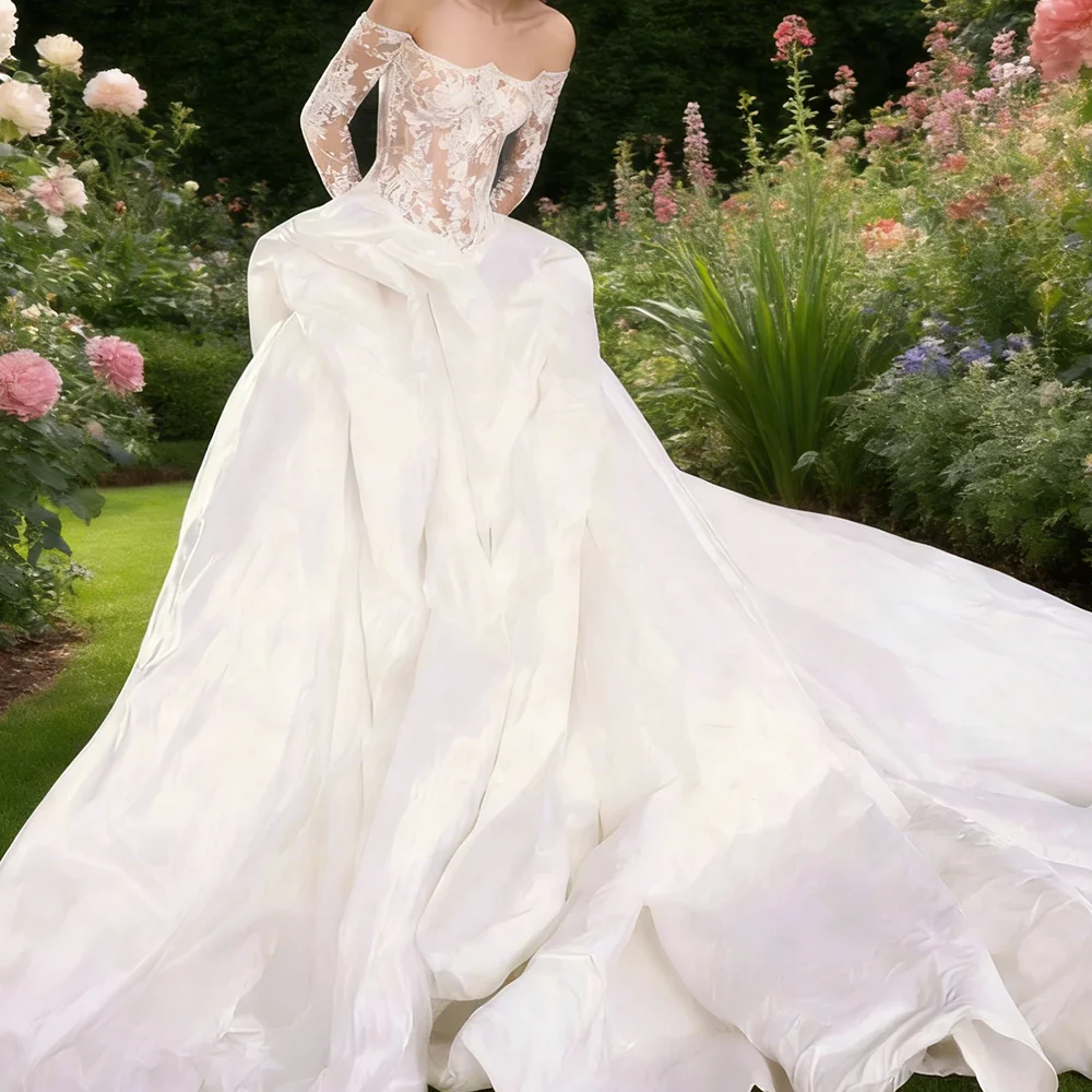 

Luxury Off Shoulder Full Sleeve Ruched Floor Length Bride Wedding Dresses Bridal Gowns Customized