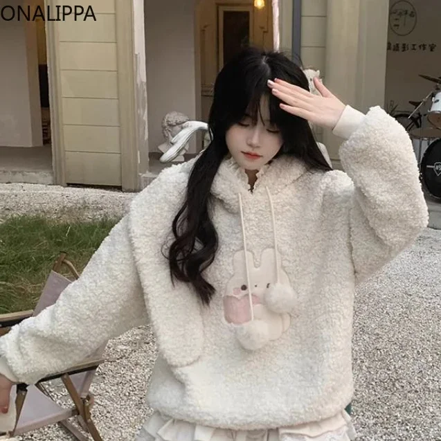 Onalippa Rabbit Long Ears Kawaii Sweatshirt Sweet Hooded Thick Winter Clothes Women Korean Imitation Lamb Wool Oversized Hoodie