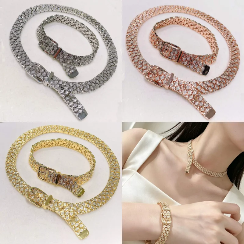 Bellux Belt Buckle Necklace Bracelet Set Full Paved CZ Fish Scale Adjustable Wide Chain 925 Silver 3 Colors Plated Fine Jewelry