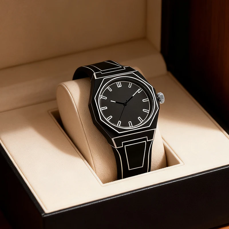 

A men's black tape minimalist versatile 12-hour quartz watch