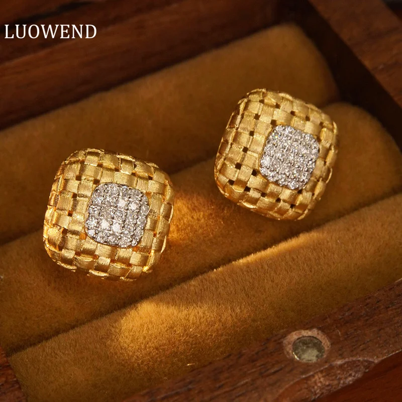 LUOWEND 18K Yellow Gold Earrings Medieval Style 0.30carat Real Natural Diamond Stud Earrings for Women High Party Jewelry