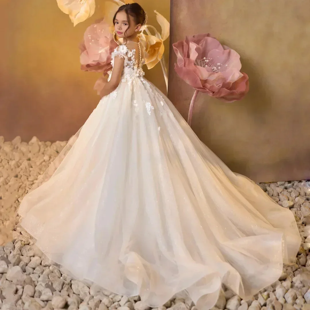 CswdocyCommunion Dress Lace Girls Flower Girl Wedding Dress Lace Princess Gown Birthday Ball Floor Length Long Train Performance