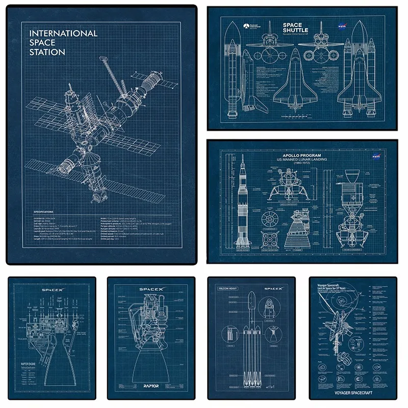 1PC Space Rocket Spacecrafts International Station Poster Apollo 11 Mission Moon Landing Blueprint Aviation Canvas Home Decor