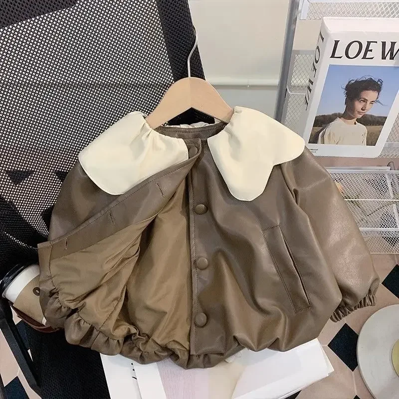 Girls Faux Leather Jacket Trendy Autumn Spring Coat for Kids Fashionable Cropped Biker Jacket for Toddler Girls
