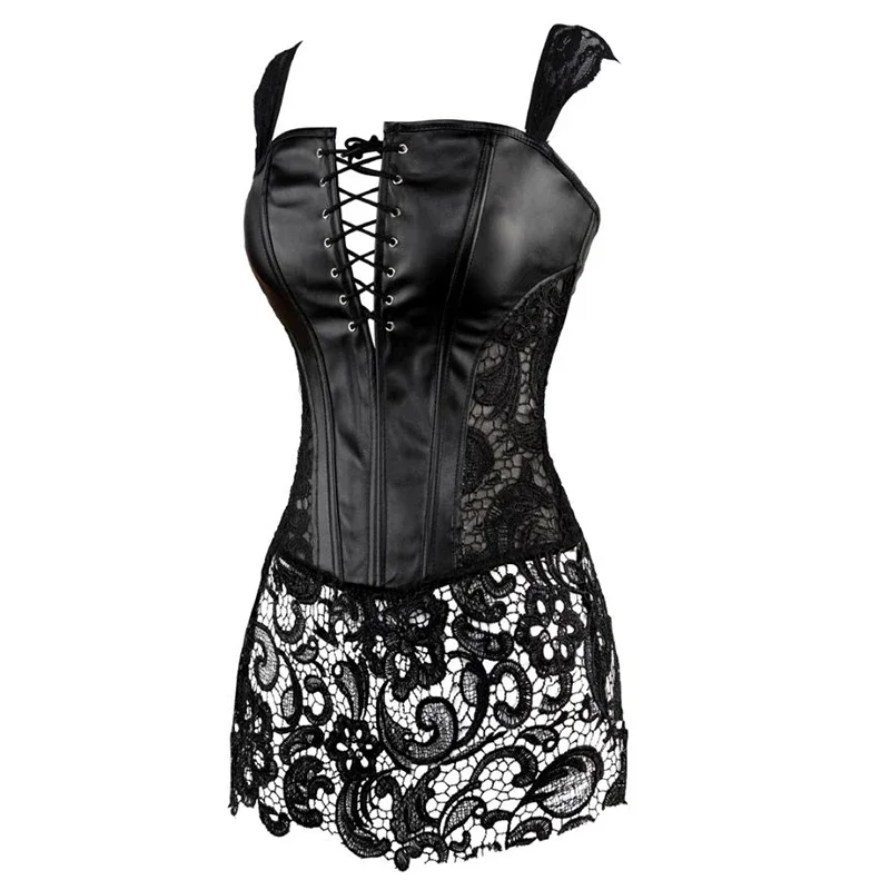 Womens Shoulder Straps Leather Corset Dress Faux Leahter Bustier Waist Cincher Steampunk Shaper Sexy Lingerie Lace Skirt Corsets