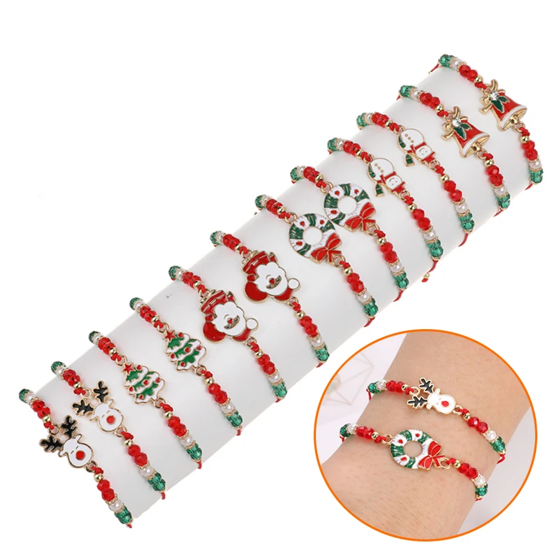 6/12 pièces corde rouge de noël père noël élan cloche cristal perlé Bracelet pour femmes enfants fille fête de noël faveur cadeau de noël