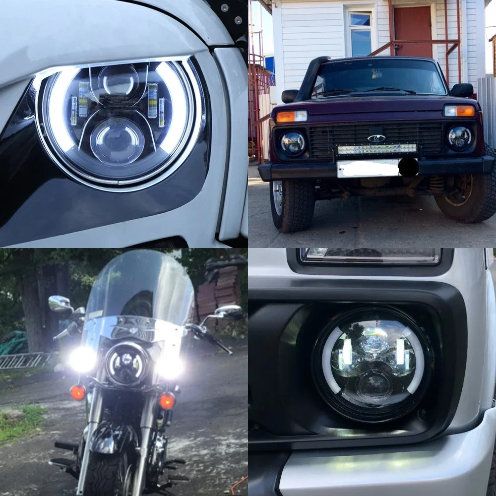 Moto 7 pollici Faro A LED 7 "LED DRL H4 Halo Anello Ambra Segnale di Girata Faro Per JeepJK TJ Touring Lada 4x4 Yamaha Niva