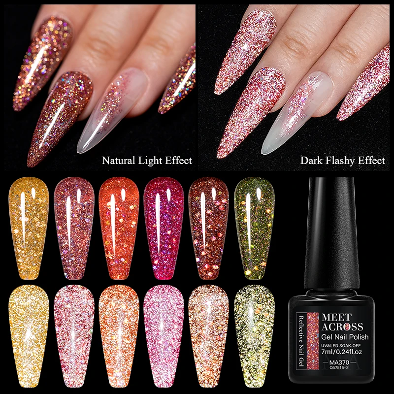 MEET ACROSS 7ml Sparkly Reflective Gel Nail Polish Nail Art Gel Varnish For Nails Winter Autumn Glitter Semi-Permanent Manicure