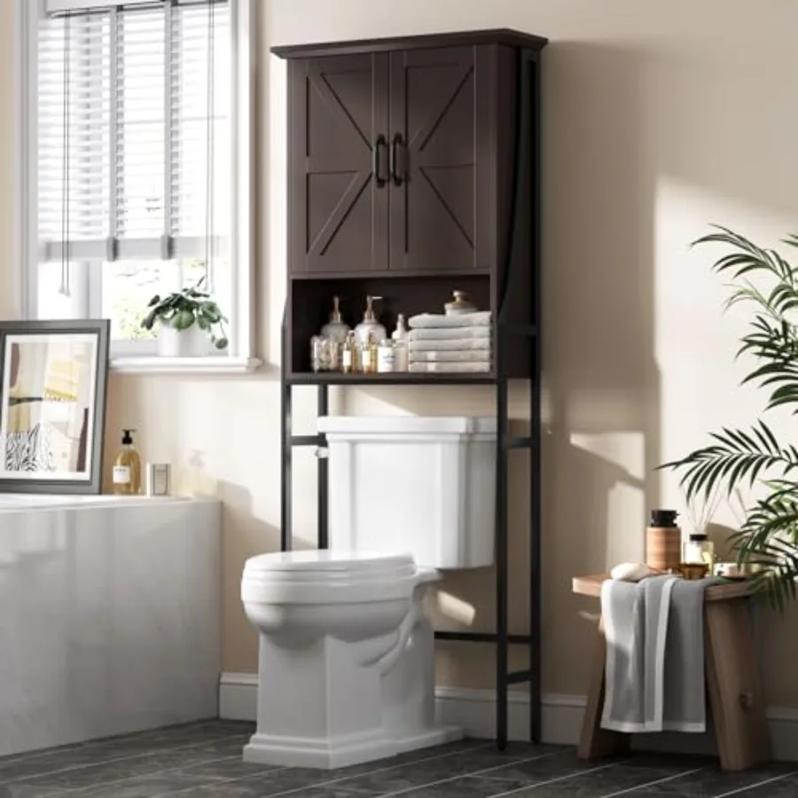 

Over The Toilet Rack for Bathroom Espresso Wood Storage Cabinet with Double Barn Doors Space Saver Organizer Above Toilet Compa