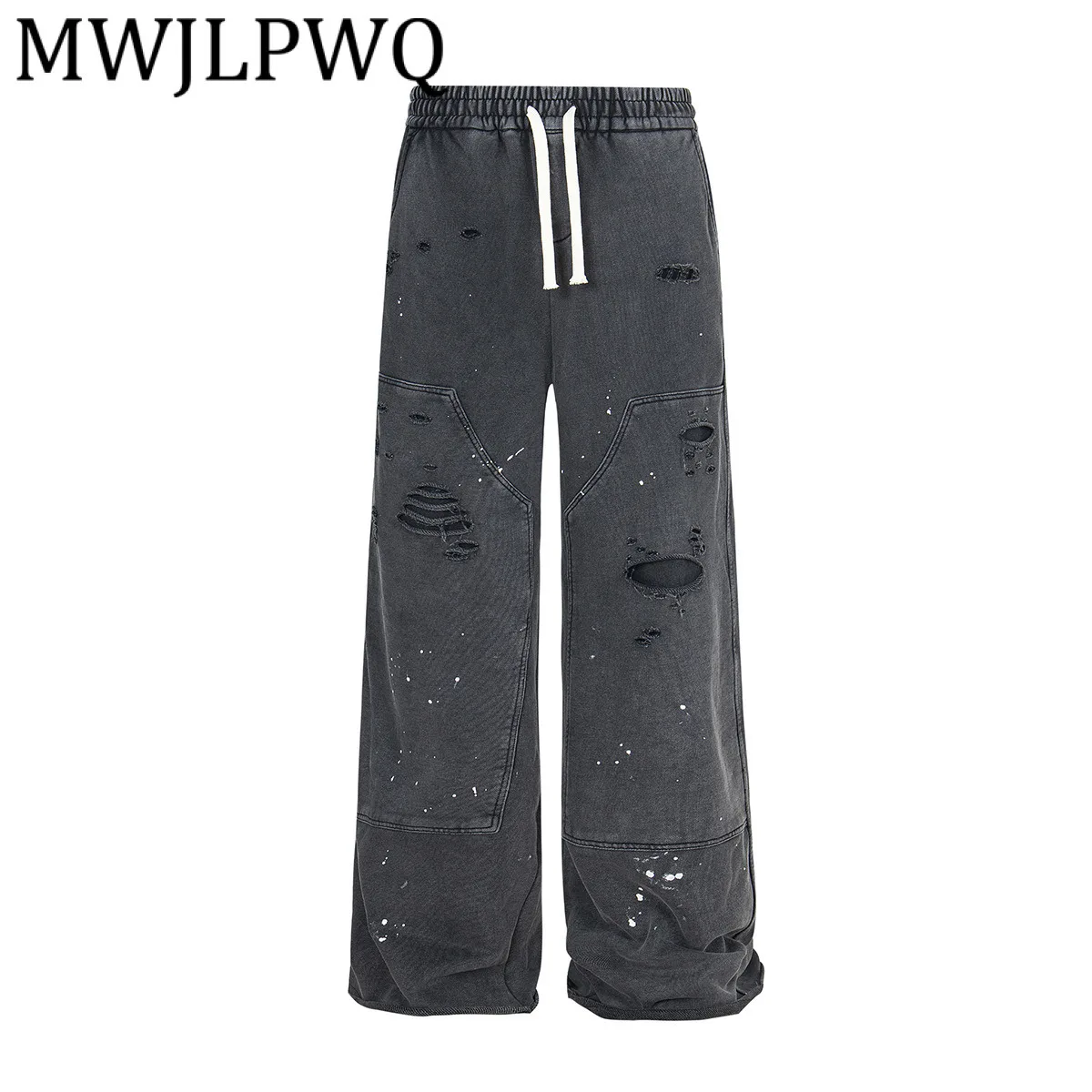 

MWJLPWQ мужские рваные потертые спортивные штаны в американском стиле в стиле хип-хоп, прямые повседневные брюки с драпировкой на шнурке, новинка 2025, 21402