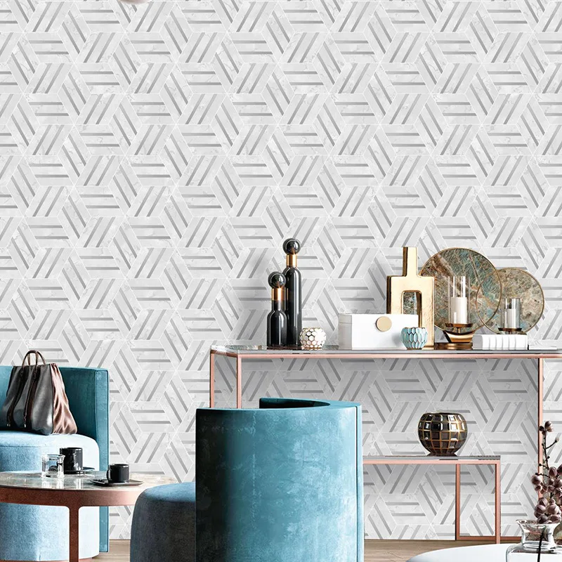 Modern Geometric Hexagonal Wall Papers Home Decor 3d Pvc Silver Grey Line Wallpaper Roll for Living Room Bedroom Walls