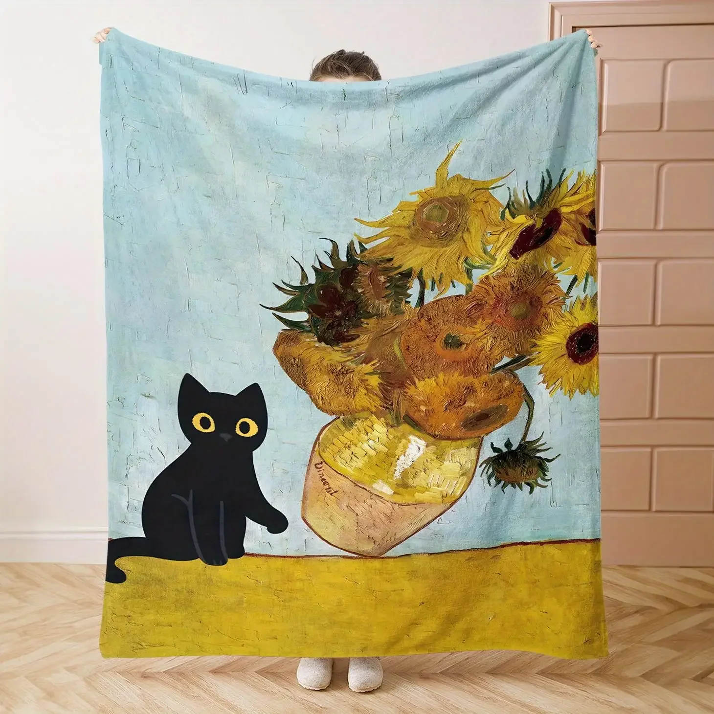 Van Gogh Sunflowers  Black Cat Flannel Throw Blanket Cozy AllSeason Bed Sofa Office gsm Heavyweight Soft