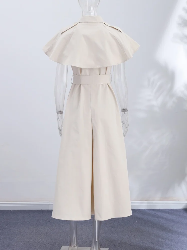 Damen Trenchcoat-Stil Hemdkleid Einfarbig Cape-Ärmel Taillengürtel Knopfleiste Midi-Rock Lässig Schick Tägliches Büro-Outfit Neu – Detail 4