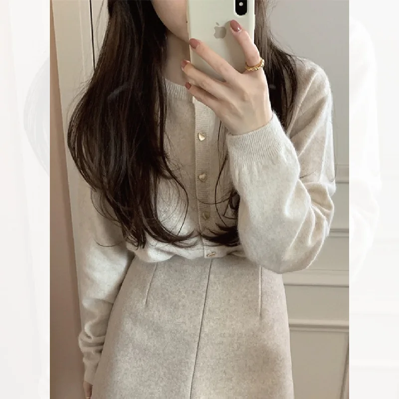 Cardigan alla moda progettato per le donne tinta unita rosa grigio verde chiaro autunno sottile maglione morbido sciolto e accogliente corto lavorato a maglia