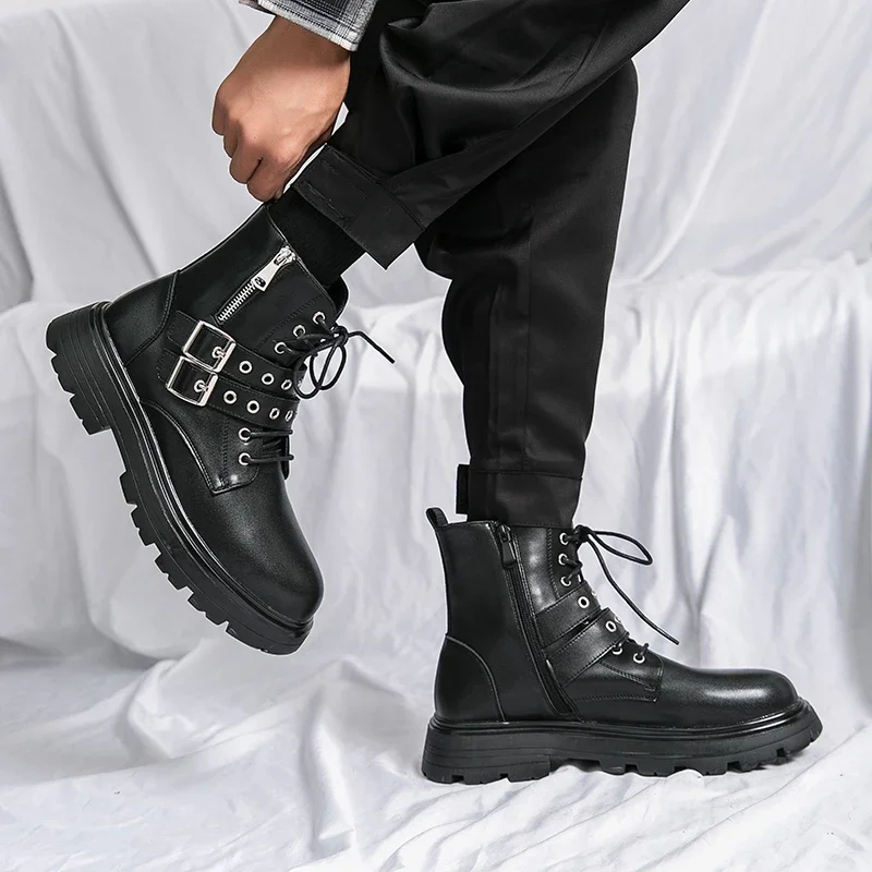 Botas Chelsea de cuero para hombre, botines de motorista gótico, informales, para exteriores, color negro, de marca de lujo, novedad, MO-51382