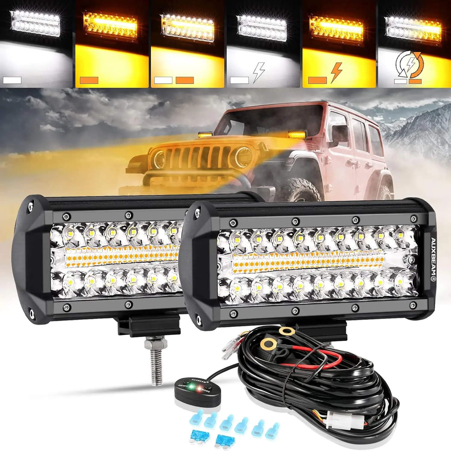 7 Inch 300W LED Light Bar, 6 Modes Strobe Amber Pod Lights Yellow Fog Light Dual Color Spot Flood Offroad Driving Lights, Memory