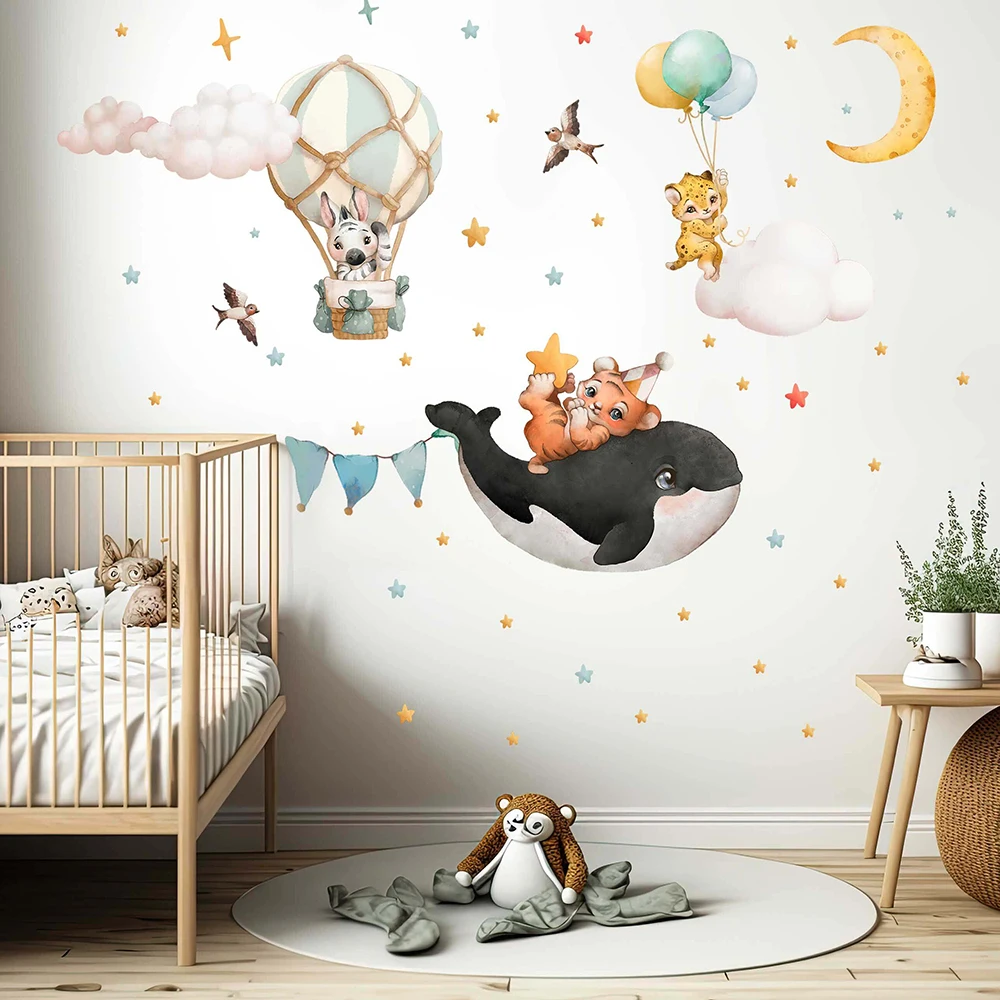 Watercolor Whale Tiger Zebra Balloon Moon Star Wall Sticker Baby Nursery Kids Room Safari Animal Wall Decal Bedroom Home Decor