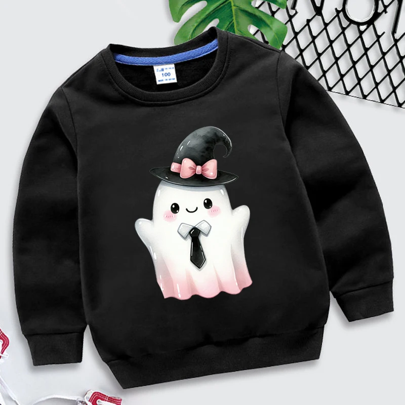 Halloween Ghost Print Pullovers for Kids Boys Girls Autumn Winter Casual Round Neck Loose Children Hoodeless Graphic Pullovers