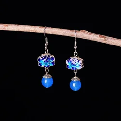 Blue Jade Flower Earrings Lucky Amulets Chalcedony Charms Real Drop Jewelry Accessories Gemstones Natural Women Designer