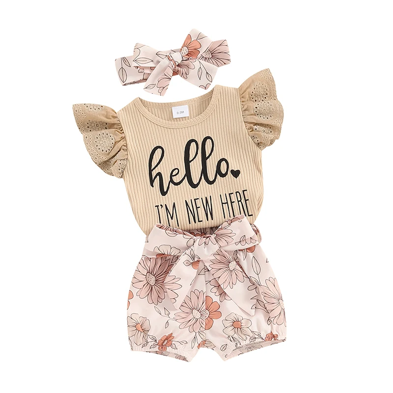 

Baby Girls Shorts Set Fly Sleeve Letters Print Romper with Waist Tie Flower Shorts and Hairband Summer Outfit