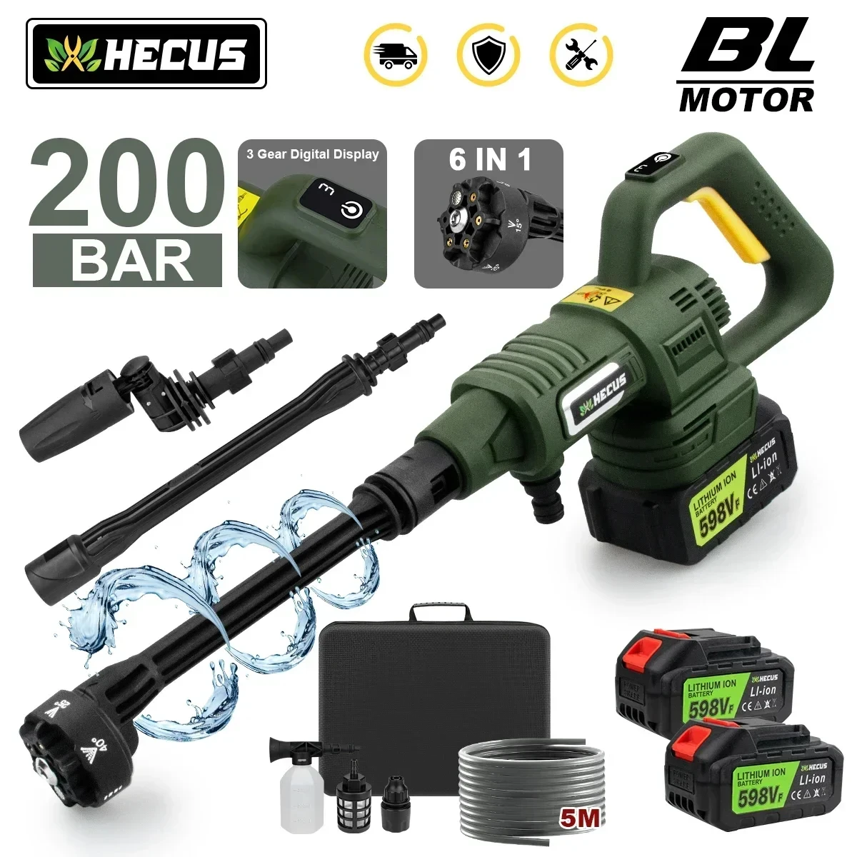 Hecus 200Bar Brushless Ad Alta Pressione Lavatrice Per Auto Spray Cordless Pistola Ad Acqua Lavatrice Per Auto Per La Casa per Makita 18V Batteria