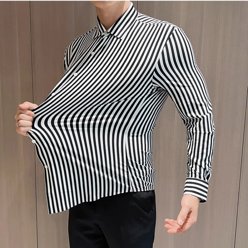 Autumn New Arrival Men's Leisure Seamless Stripe Long - Sleeve Shirt Fashion Slim Fit Party Shirt