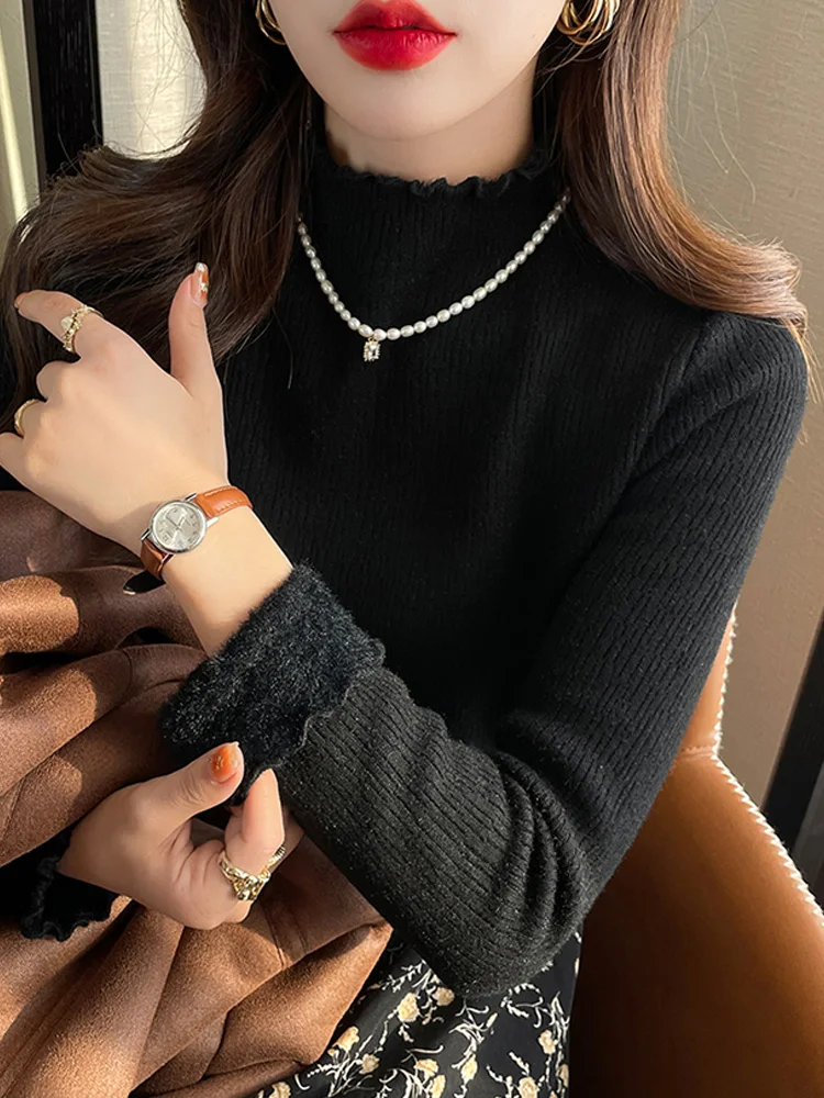 เสื้อสเวตเตอร์ไหมพรมแฟชั่นใหม่ ผ้าฟลีซหนานุ่ม แขนยาว ทรงเข้ารูป สำหรับผู้หญิง ใส่ได้ทั้งฤดูใบไม้ร่วงและฤดูหนาว เหมาะสำหรับใส่ทำงานในออฟฟิศ