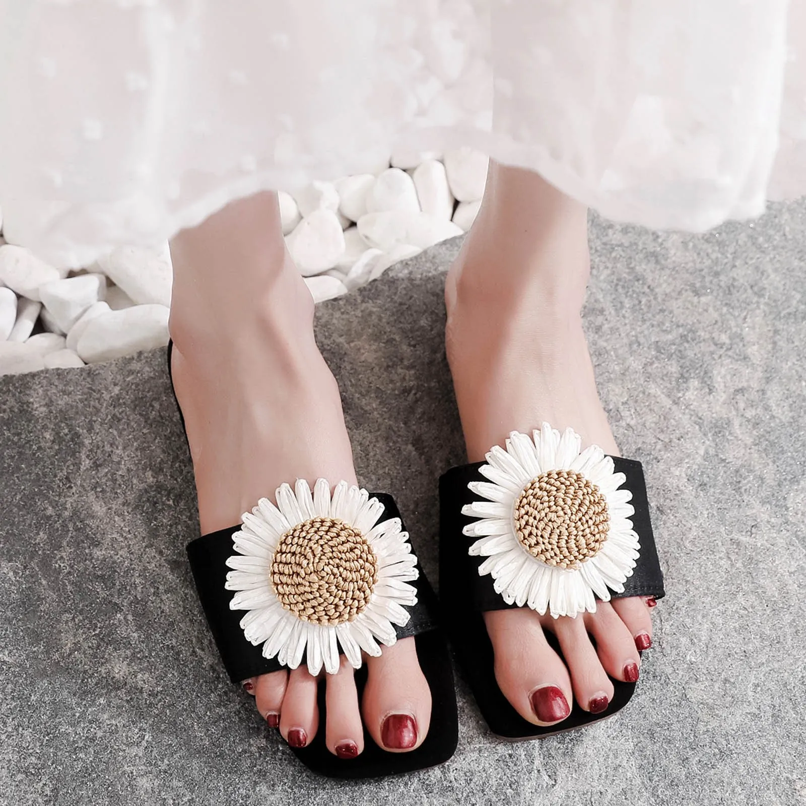 Zapatillas planas con flores para Mujer, Sandalias antideslizantes para la playa y el hogar, novedad De verano, 2024