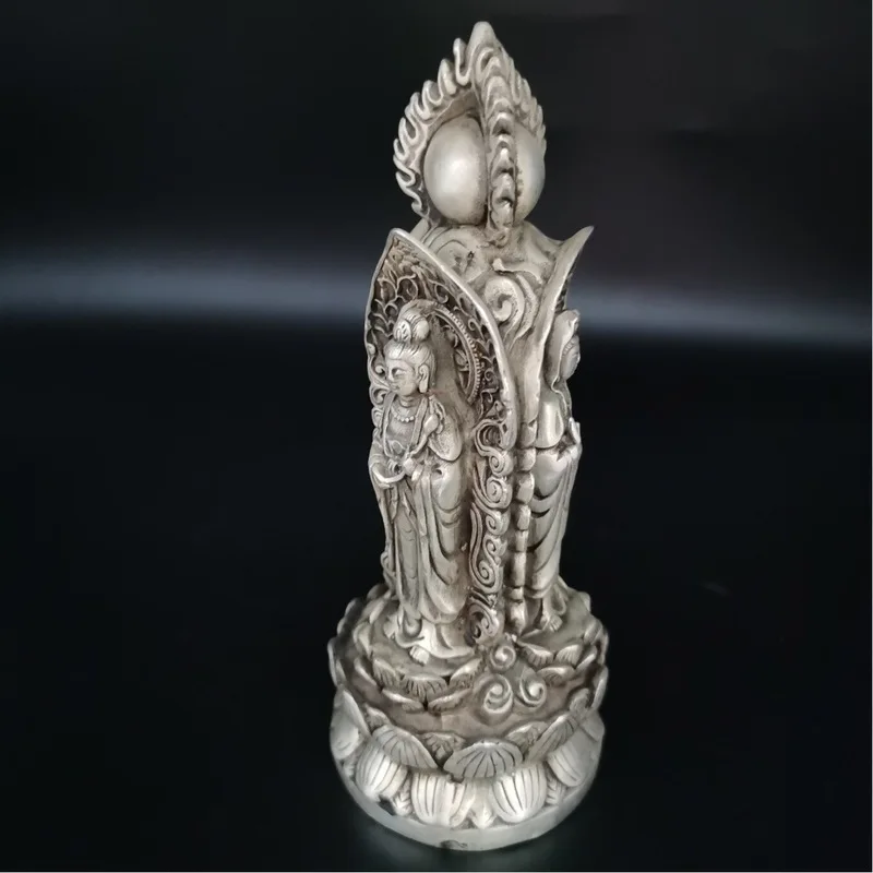 Antique bronze artifacts, aged bronze crafts, white bronze three-faced Buddha, Western Three Saints figurines, decorative orname