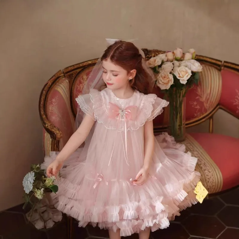 

Pink Girls Princess Mesh Dress Bow Kids Lolita Style Birthday Party Summer Dress Baby Girls Sweet and Cute Lace Dress