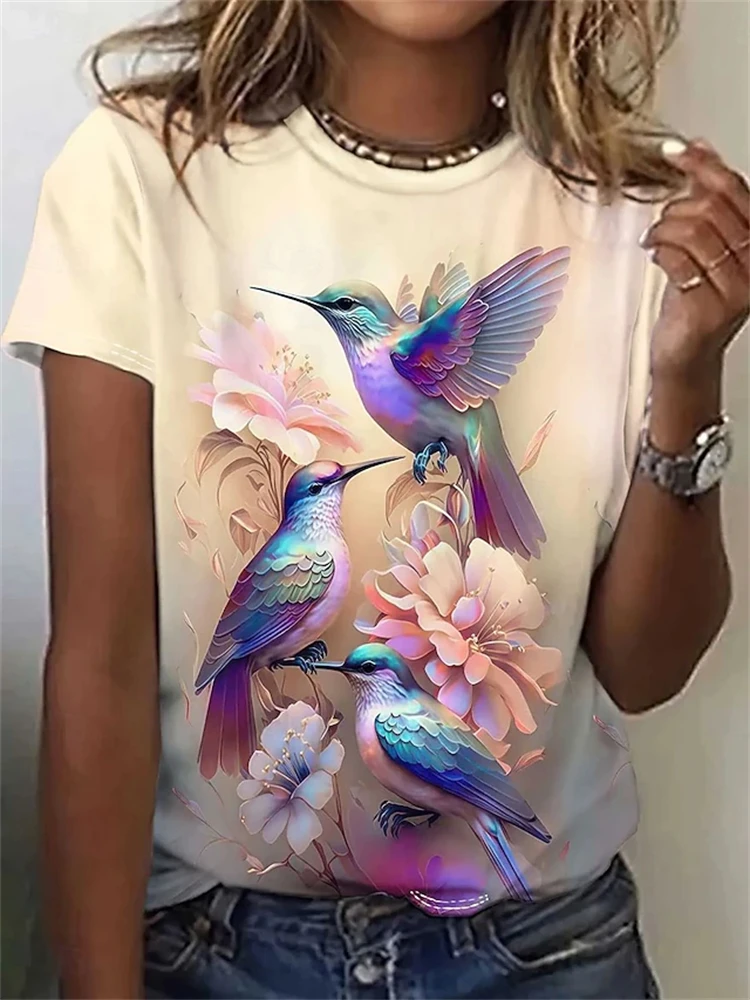 2026 Summer Fashion Round-Neck Short-Sleeve Women's T-Shirt with 3D Animal and Bird Print Elegant and Beautiful Women's Top