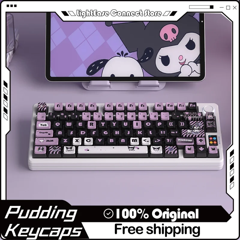 kuromi tematicos pudim keycaps teclado mecanico transparente jogo anime sublimacao termica quatro lados 122 chaves pbt 01