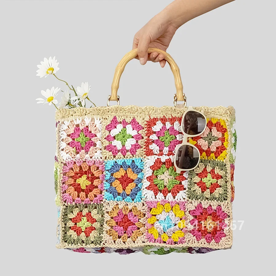 Bohemian Granny Square Staw Handbags Casual Paper Woven Bamboo Handle Women Hand Bags Handmade Summe Beach Bag Large Tote Purse