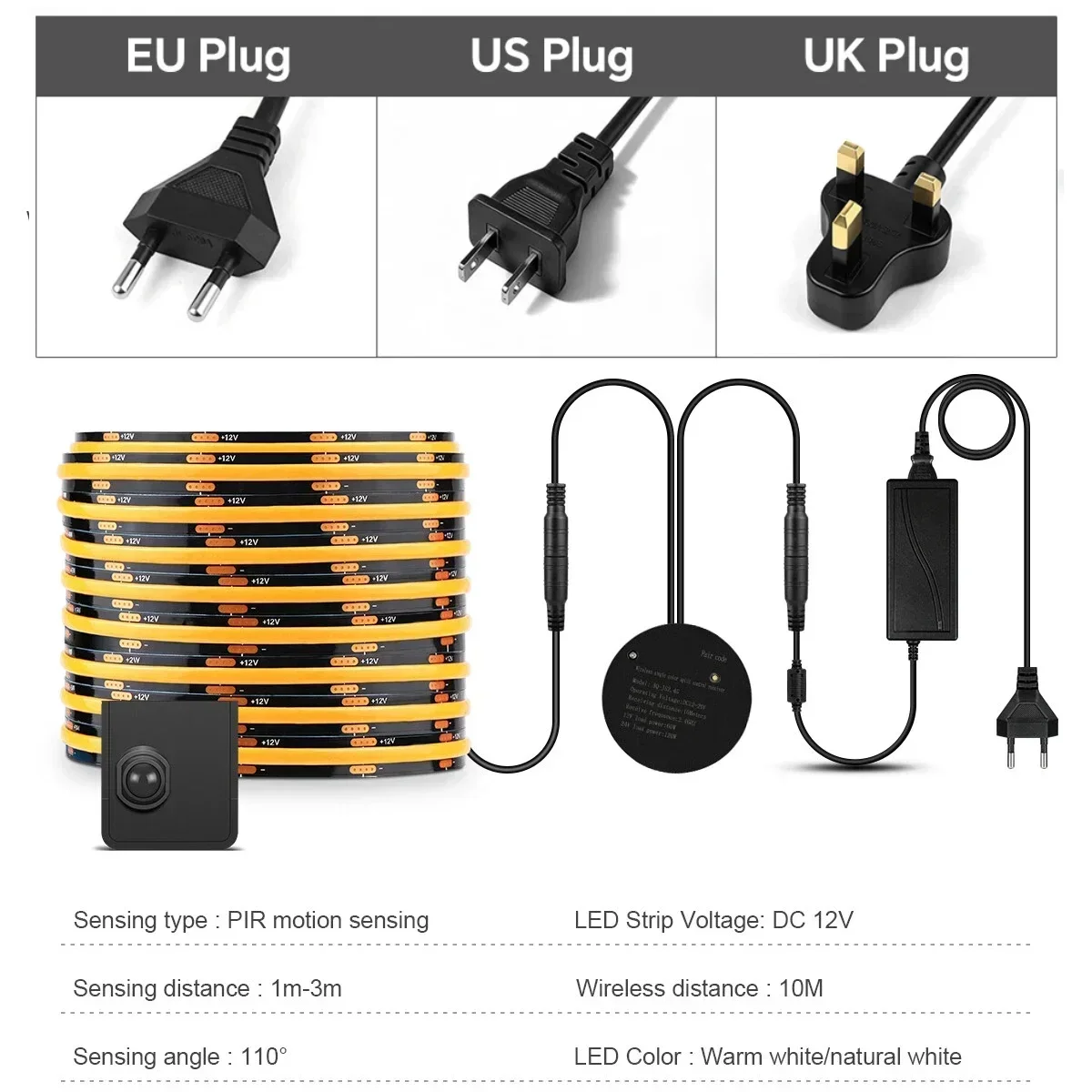 2PCS Wireless PIR Motion Sensors COB LED Strip Light Kit, EU US UK Plug, 10m Wireless Sync Control LED Tape for Stairs Corridor