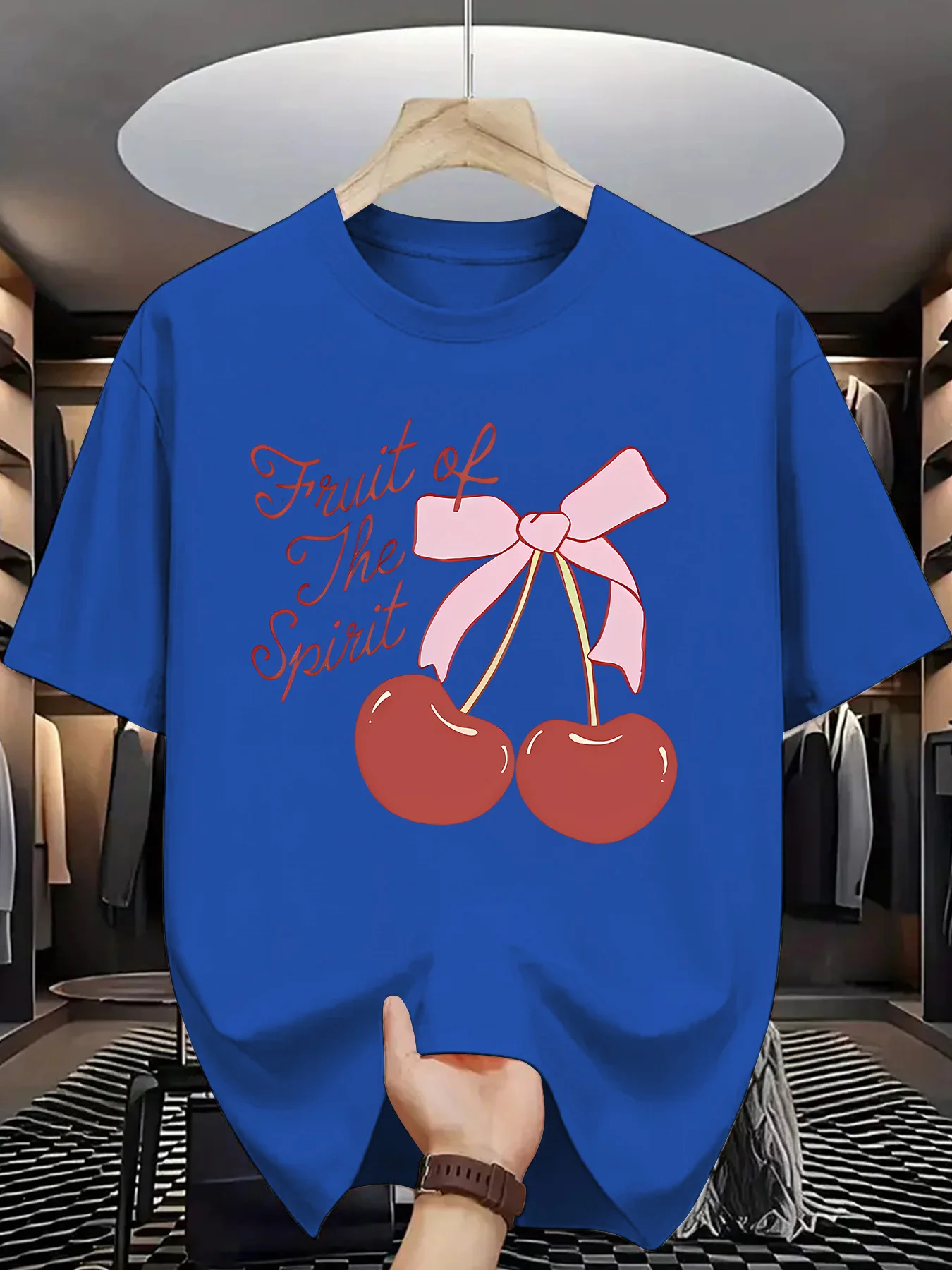 Cherry Bow Print Men Short Sleeve Tshirt Fruit Of The Spirit Cursive Text O Neck Tee Sweet Fruit Style Male Street Fashion Tops