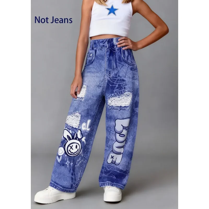 

2025 Girls Fake Ripped Imitation Denim Wide-leg Pants - Cartoon Graffiti Print Fashion Street Style Imitation Denim Trousers