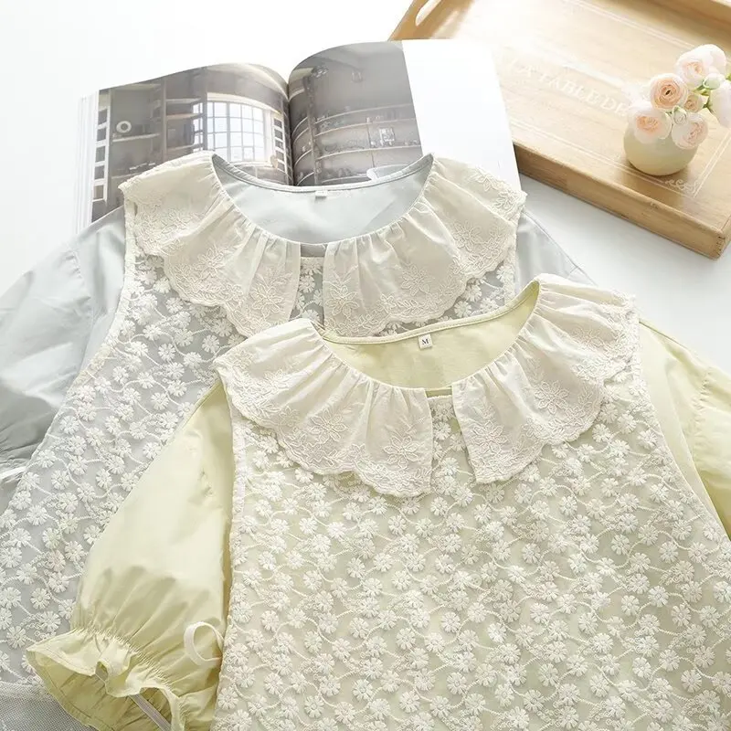 ใหม่2025ฤดูร้อนผ้าฝ้ายเสื้อชุด2ชิ้นผู้หญิงTurn-Downคอเย็บปักถักร้อย, Moriสาวหวานแขนสั้นชุดS55824CC