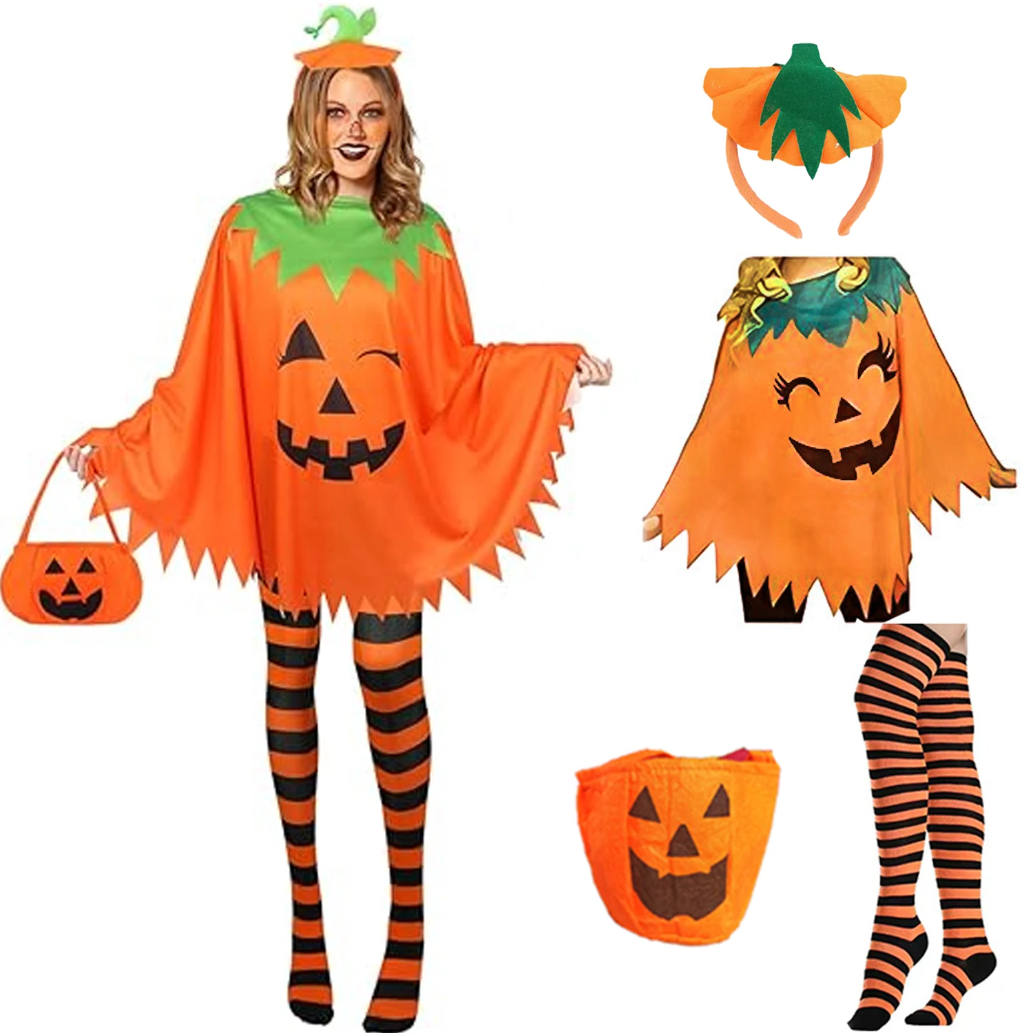 PESENAR Halloween Pumpkin Poncho for Women Pumpkin Costume with Headband and Candy Bag