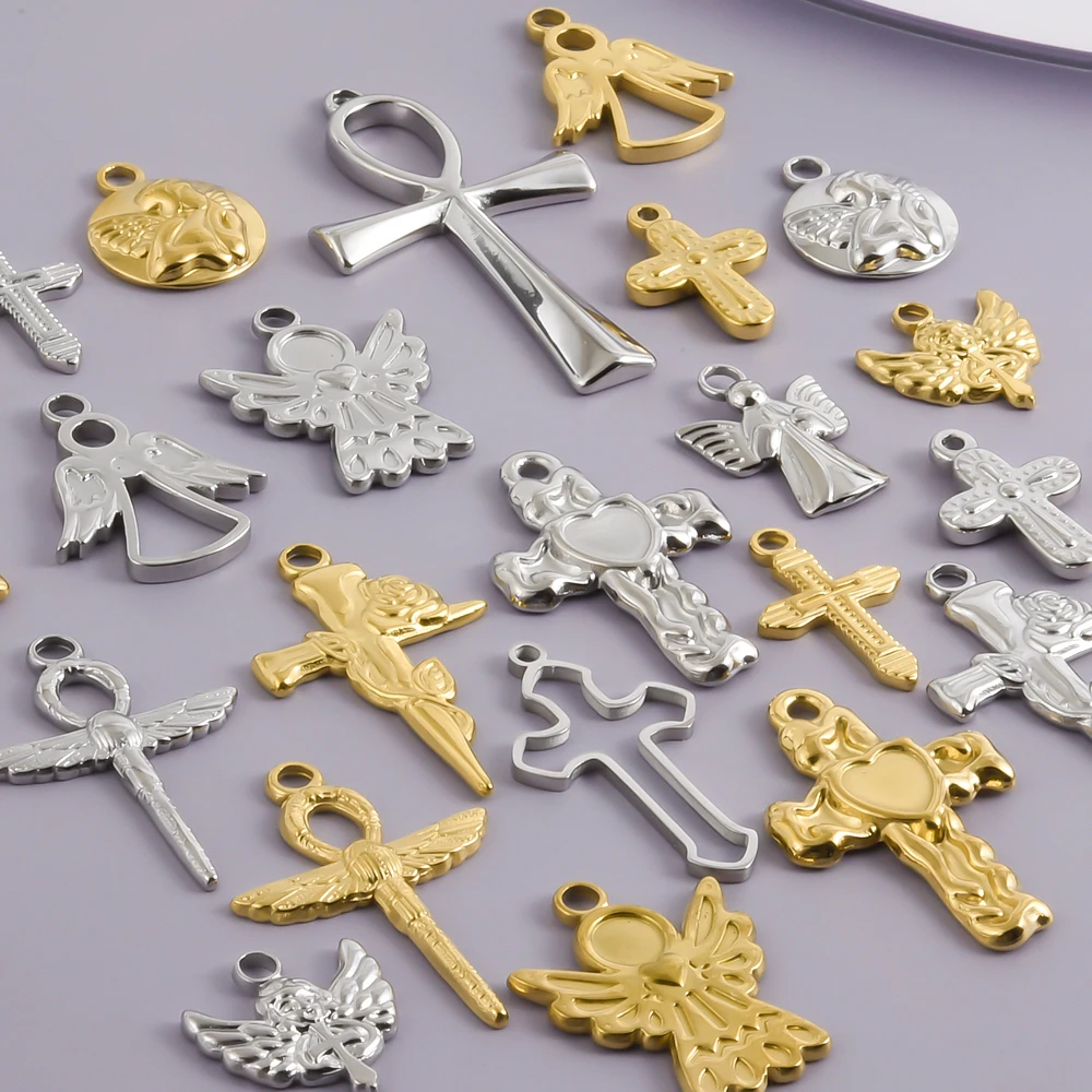 6 Stück No Fade Wing Angel Ankh Kreuz Anhänger Edelstahl Charms für Schmuckherstellung Zubehör handgemachte Halskette Ohrring Material
