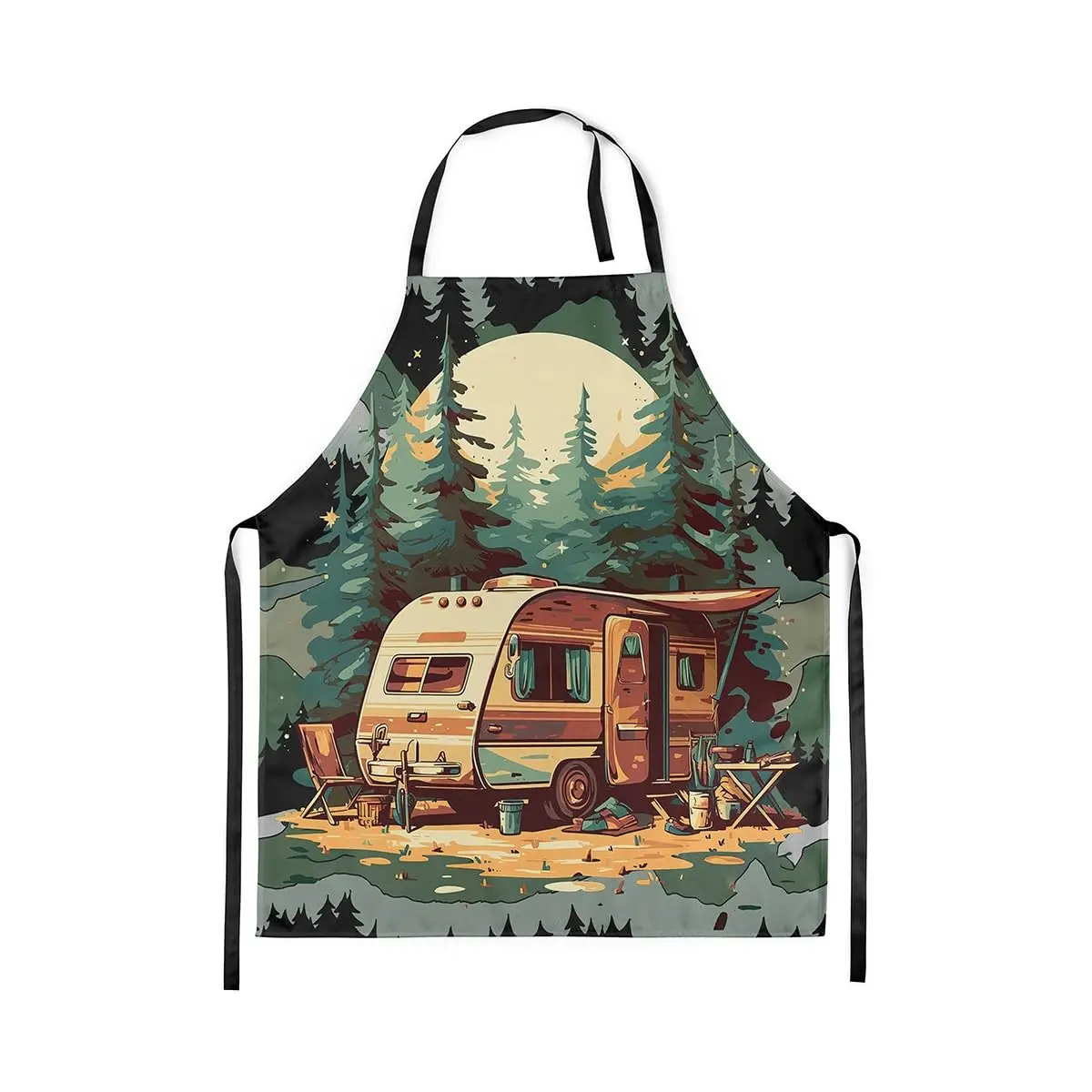 

Camping RV Trailer Kitchen Apron Watercolor Jungle Green Pine Trees Apron for Adults Moon Adventure Theme Waterproof Apron