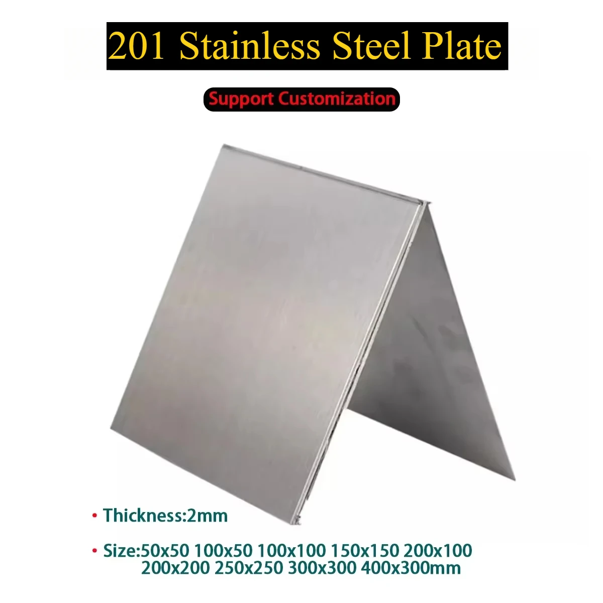 201 Stainless Steel Plate Square Steel Sheet Thk 2mm  Size50x50 100x50 100x100 150x150 200x100 200x200 250x250 300x300 400x300mm