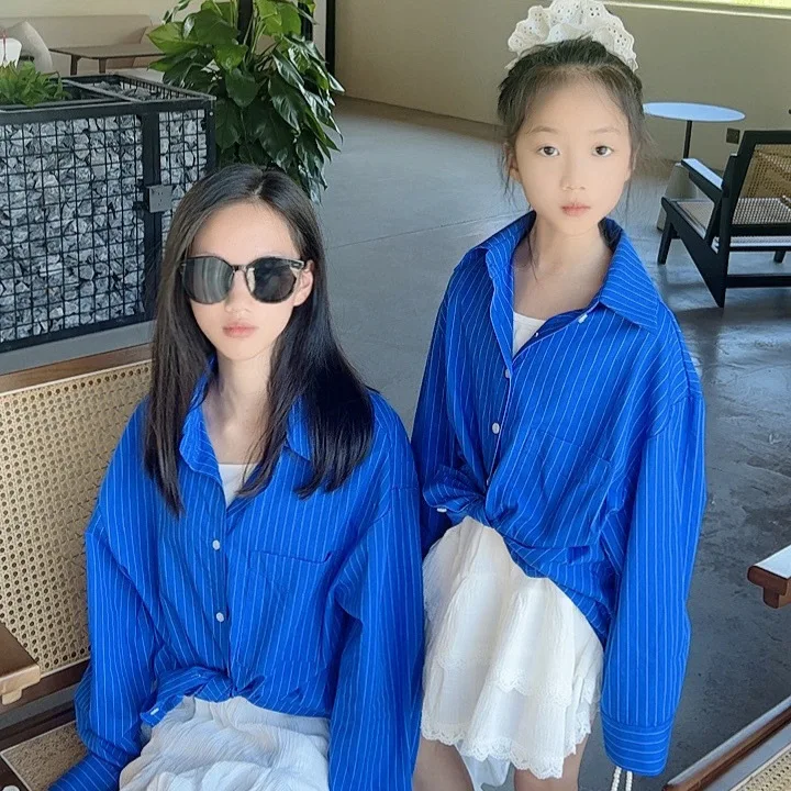 

Blouses Tops Shirt Children Clothing Lapel T-shirts 2025 Autumn New Stylish Korean Version Baby Vertical Striped Long Sleeved