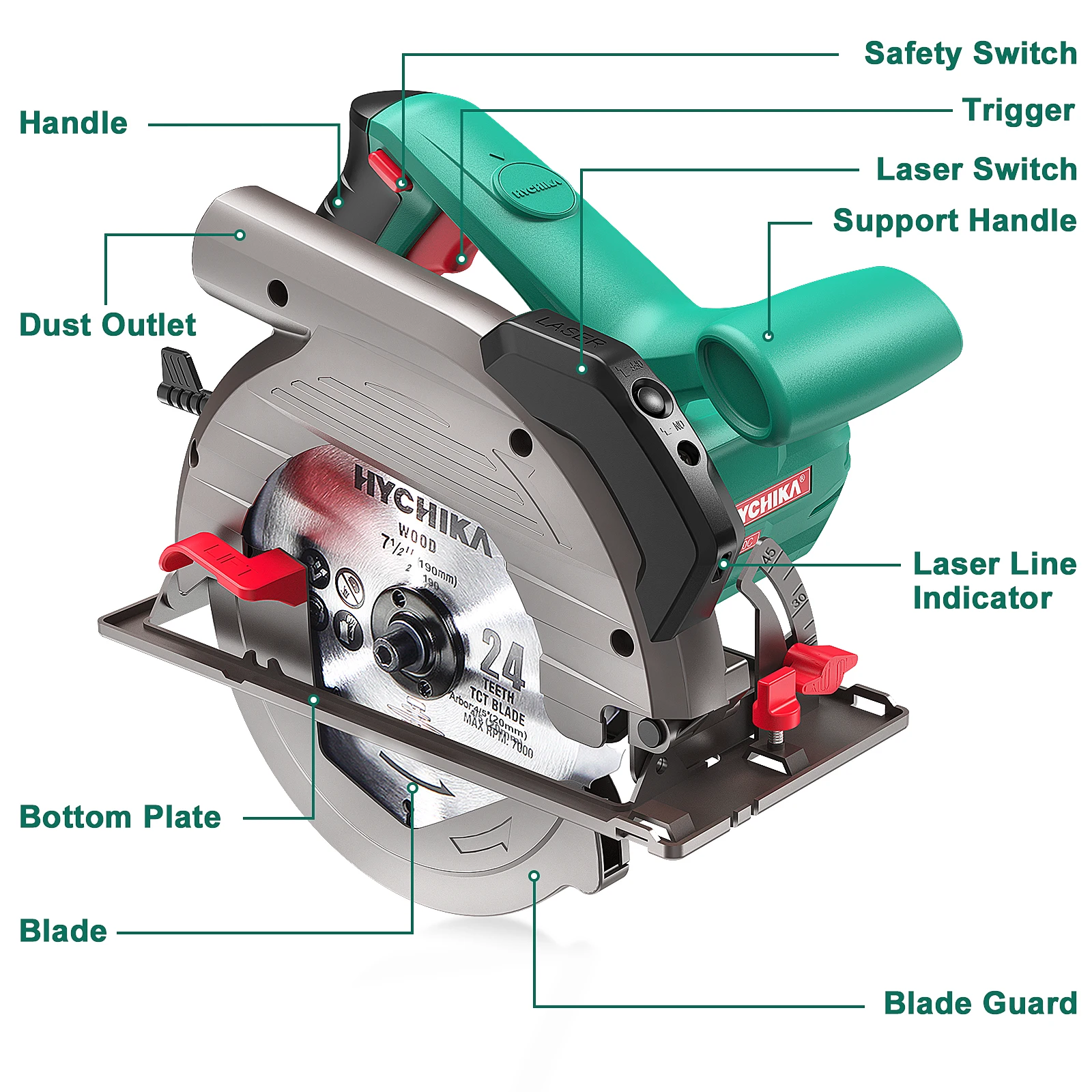 Профессиональная циркулярная пила HYCHIKA с лазерной направляющей, угловая резка 45 °, Высококачественная электрическая пила 1500 Вт для электроинструмента по дереву