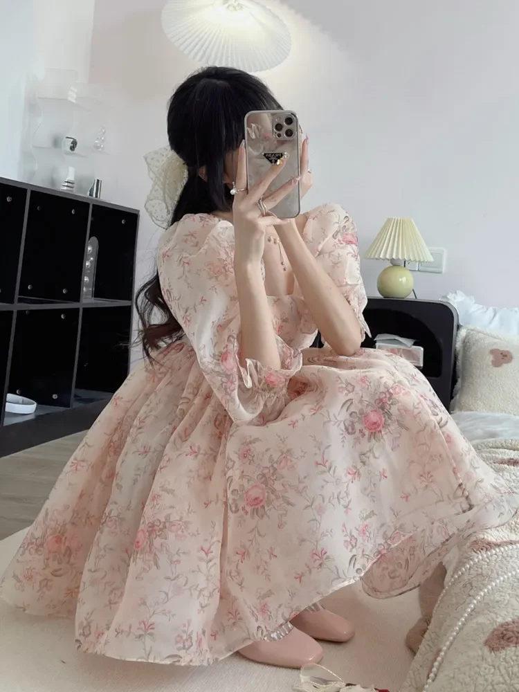 Vestido corto de fiesta Floral para mujer, traje de princesa francesa con manga de burbuja, estilo bohemio, elegante, a la moda, para vacaciones y playa, 2023