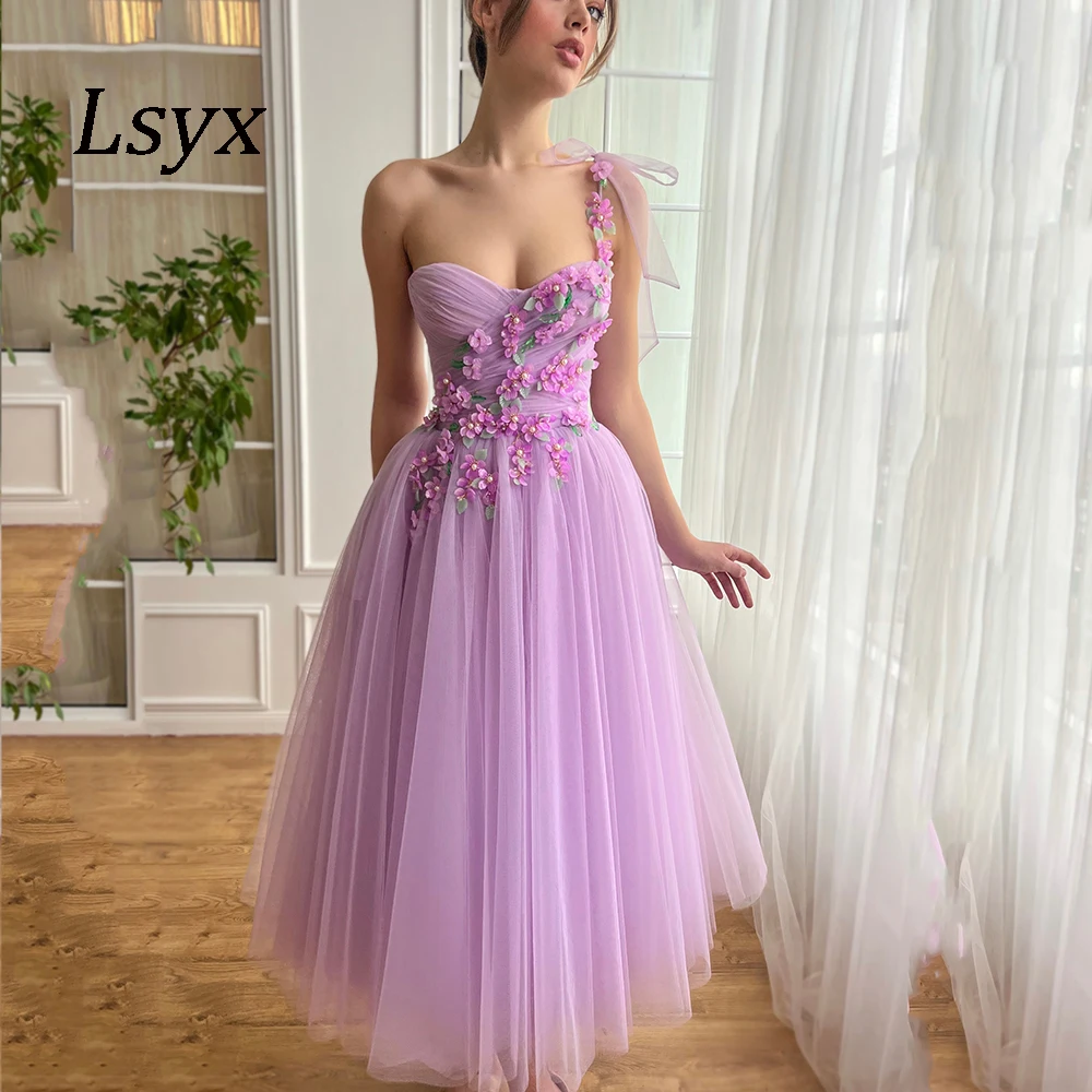 LSYX One Shoulder Sleeve Tulle Evening Dresses A Line Flowers Sweetheart Open Back Prom Gown Ankle-LengthVestidos De Noche 2024