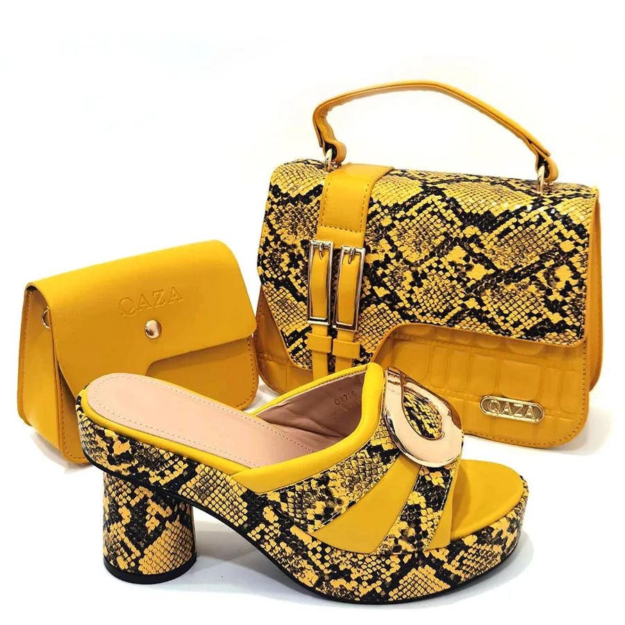 Yellow Women Platform Shoes And Bags Set 2024 African Ladies High Heels Slippers Match With Handbag Purse Set Pumps CR726