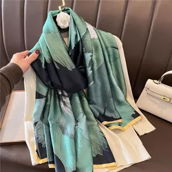 Vintage Green Lotus Print Silk Scarf Women Elegant Shawl Classic Outdoor Windproof Satin Head Wrap Travel Beach Towel 180*90Cm